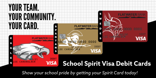 Brady, Ansley, and Gothenburg School Spirit Visa Debit Cards with surrounding text reading your team, your community, your card. Show your school pride by getting your spirit card today!