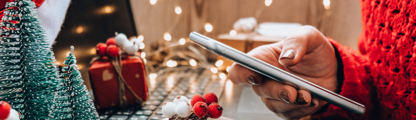 person holding phone with Christmas decor around